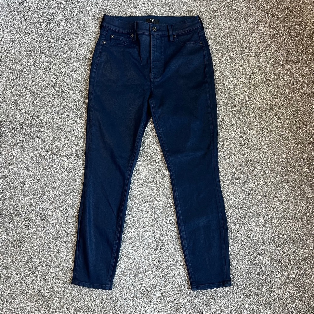 7 For All Mankind High Rise Skinny Blue Coated‎ Jeans, Size 28